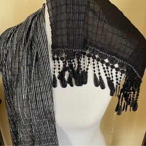 Black and Metallic Silver Scarf with Embroidered Lace Fringe